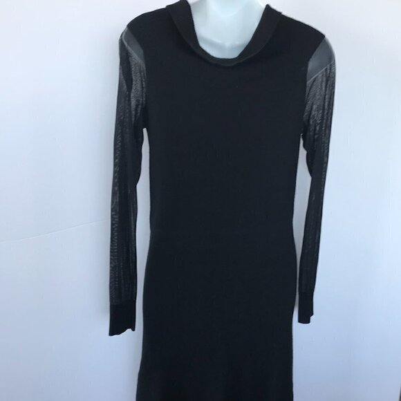 H by HALSTON LBD, black stretchy knit dress, cowl neck, mesh sleeves, sz M - Picture 5 of 14